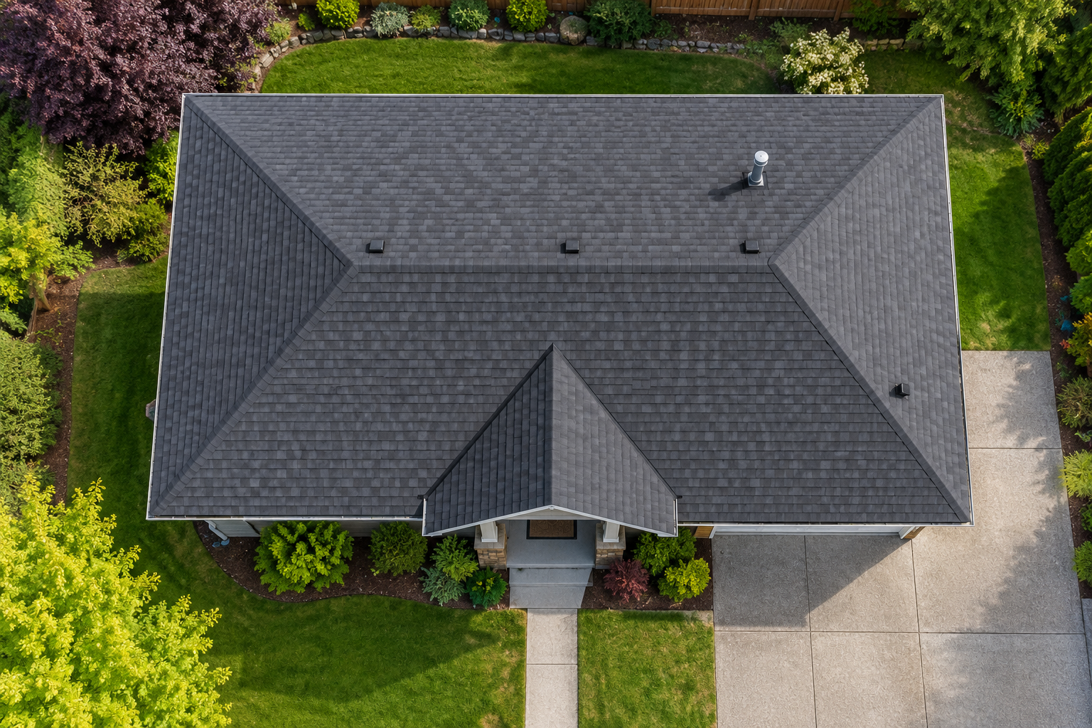 Illustrative aerial view showing a multi-section roof
