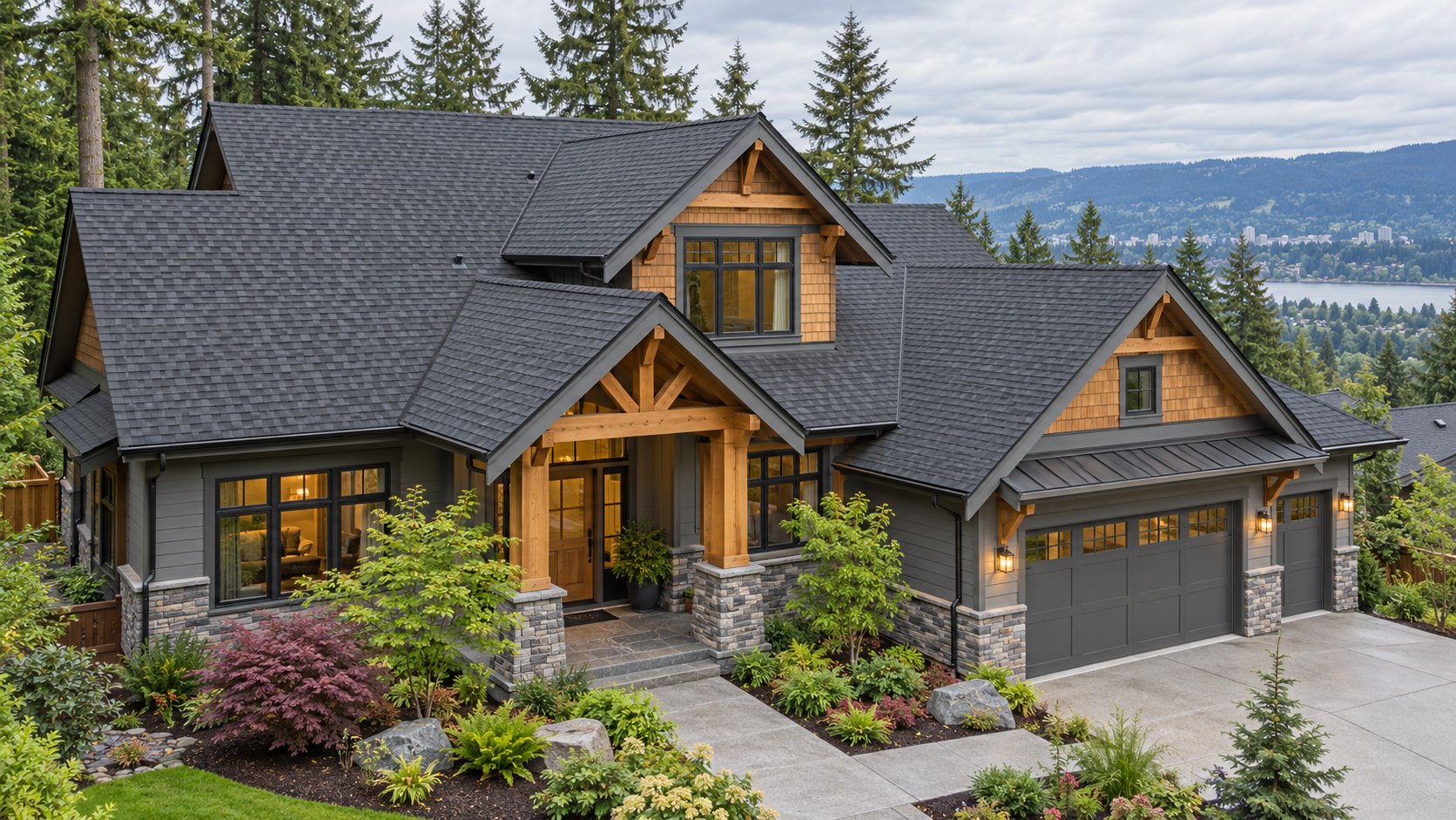 Illustrative Pacific Northwest craftsman home with a charcoal shingle roof